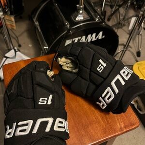 Tanner Pearson game used Bauer Black and White Gloves with Team Crest
